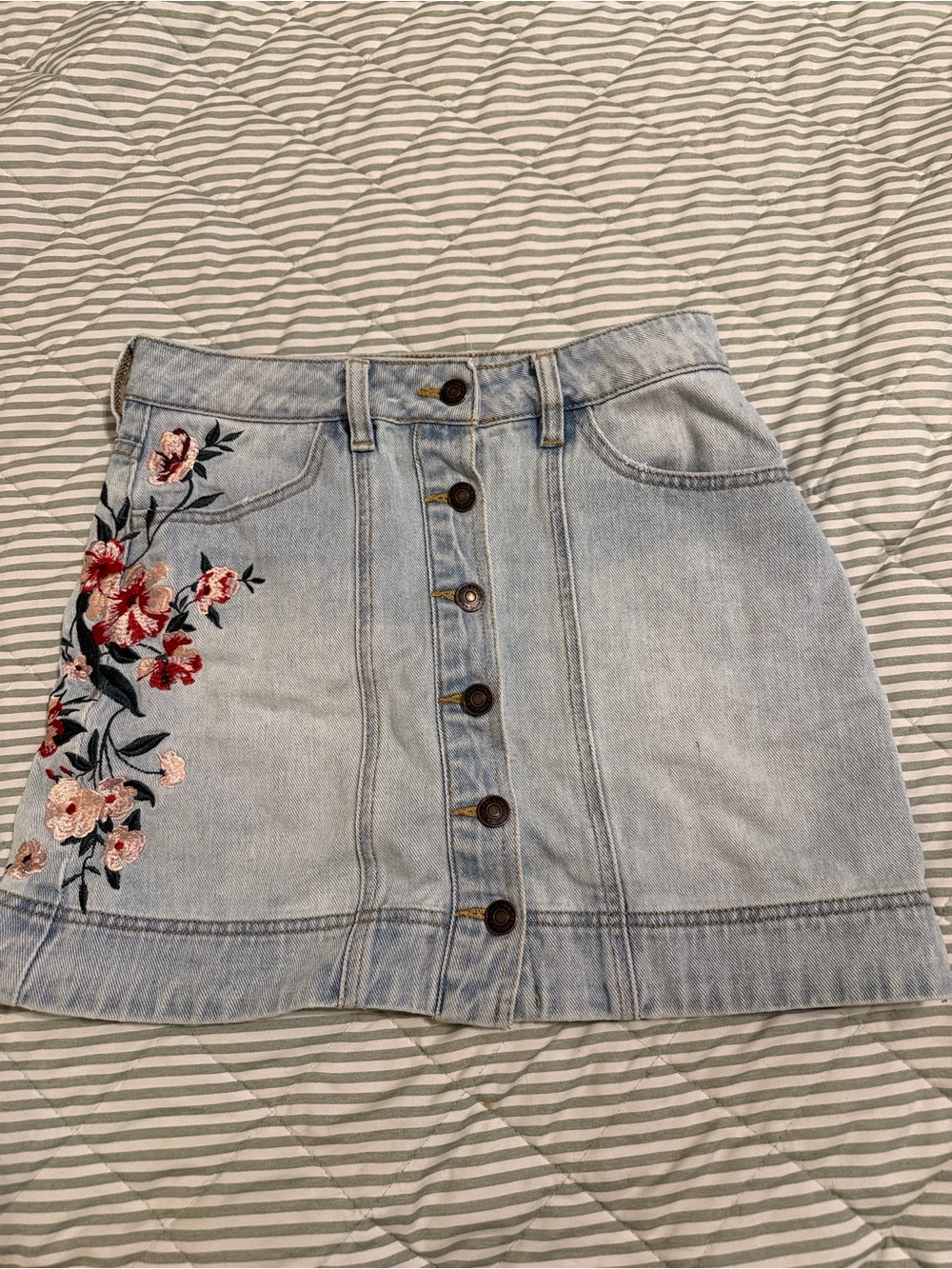 PacSun Light Blue Embroidered Button-Front Denim Mini Skirt